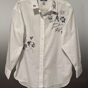 NWT Women Karl Lagerfeld Paris White Cotton Black Icons Blouse, Sz.‎ XS Ret.$109